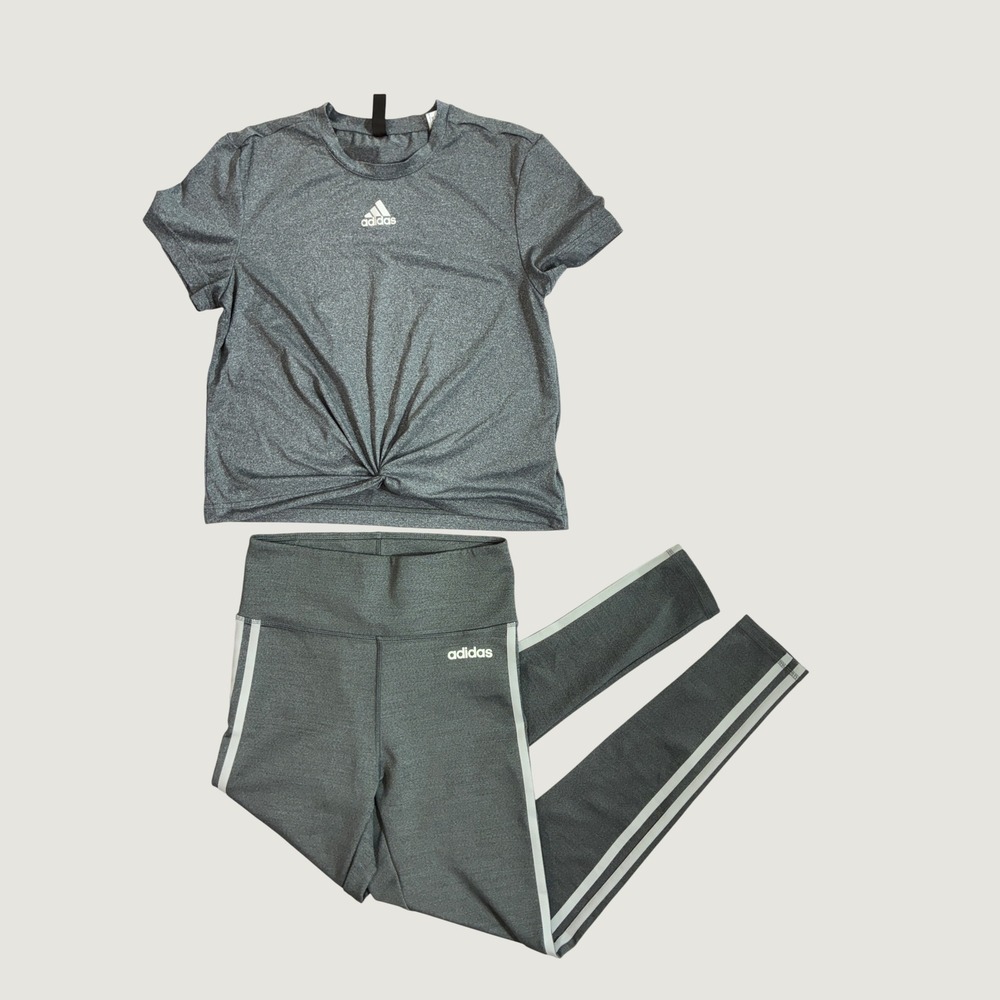 Adidas bundle Activewear Set Women Small Gray 3-Stripe Twist Top Leggings